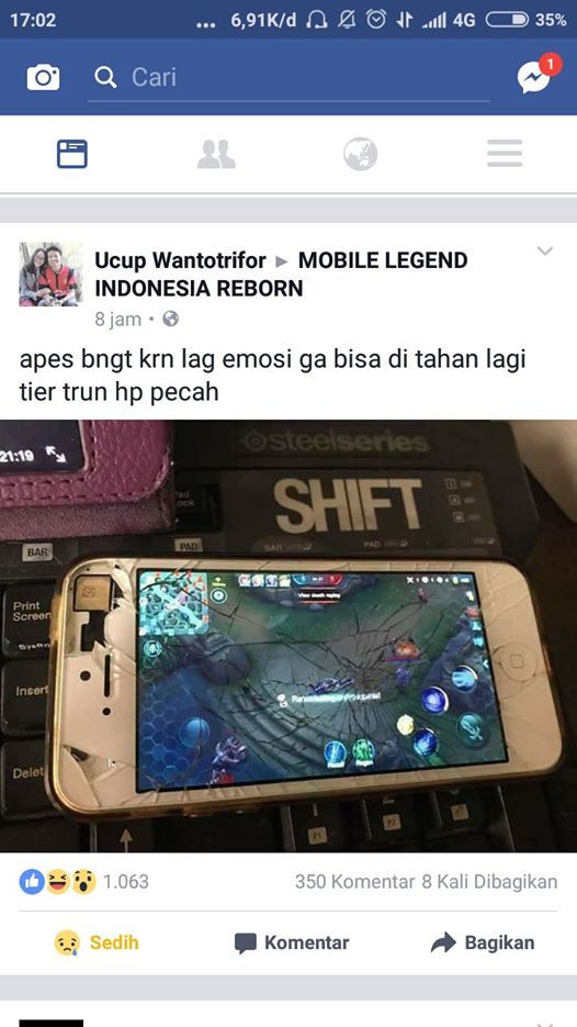 Screenshot yang menunjukkan bahwa ia menghancurkan hp-nya karena tier/ranknya turun