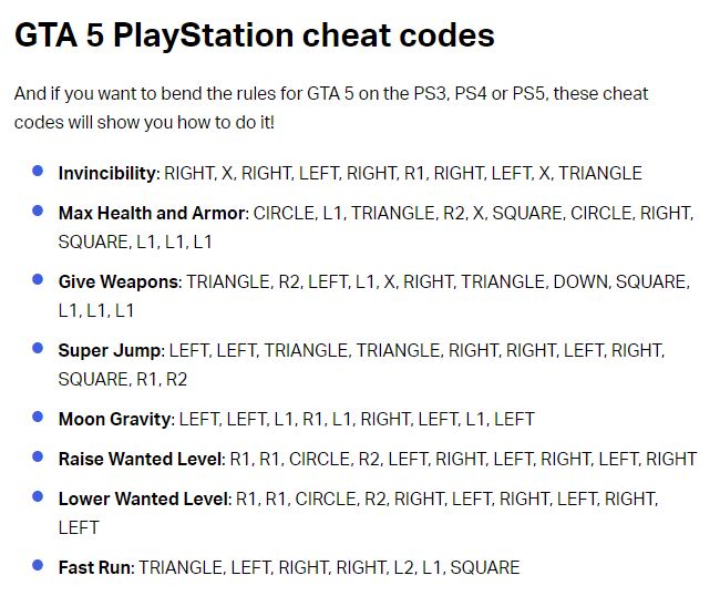 30+ Gta 5 Ps4 Cheats List Complete & How To Use It!