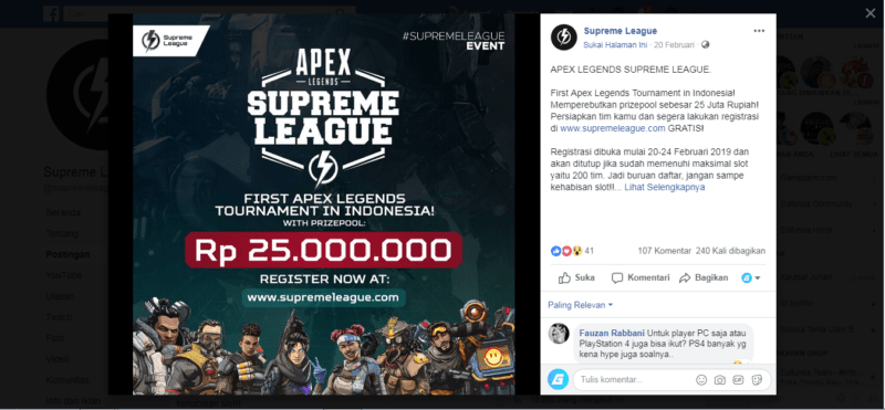 Supreme League to Hold the First Apex Legends Tournament in Indonesia!  GD