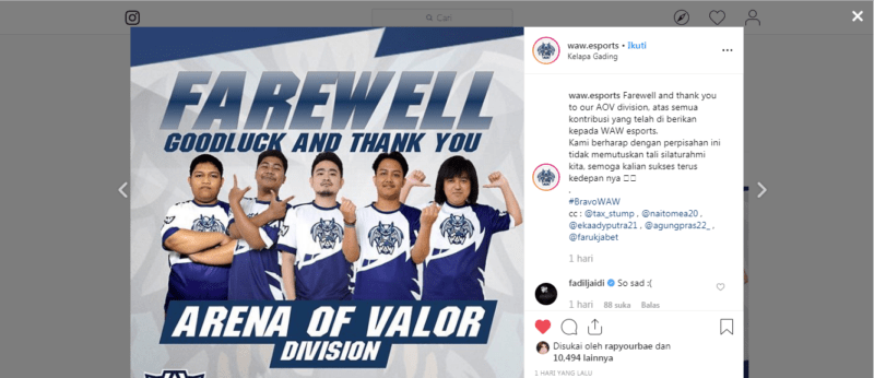 Tanpa sebab, waw esports divisi arena of valor resmi membubarkan diri!