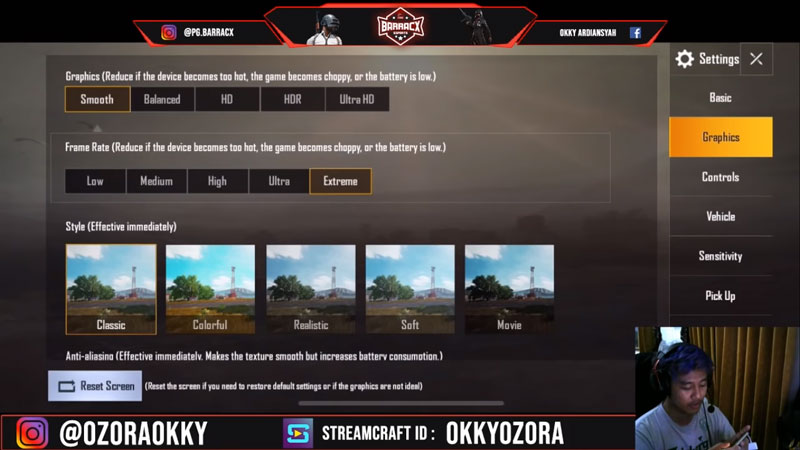 Inilah settingan basic pubg mobile dari okky ozora grafis