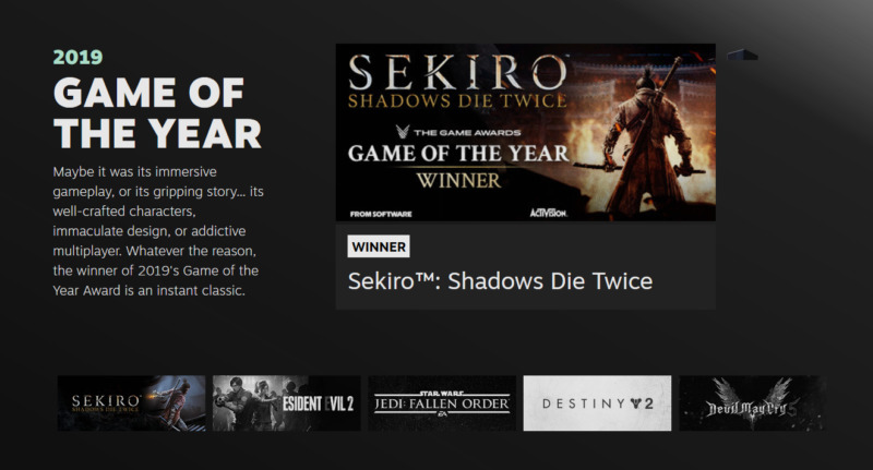 Sekiro shadows die twice kembali menjadi game of the year dalam the steam awards 2019