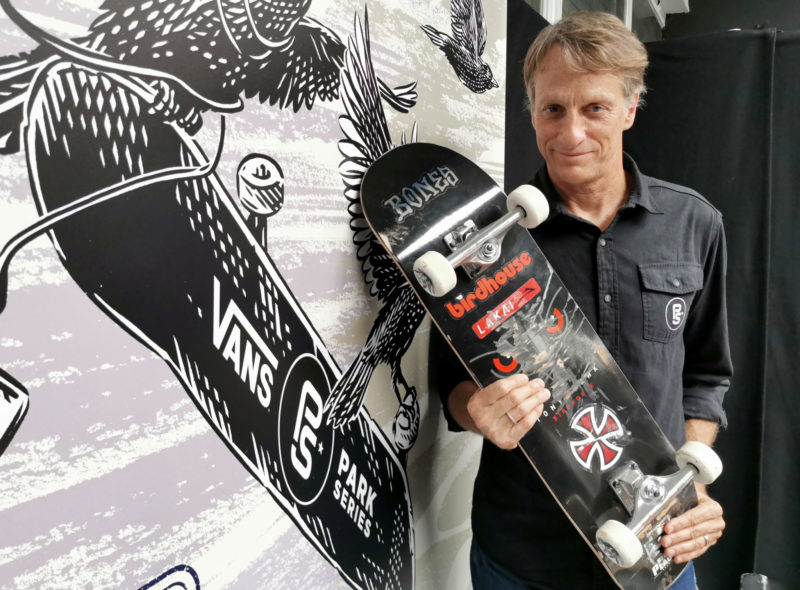 Skateboarding legend tony hawk poses following an interview with reuters in chelles, near paris