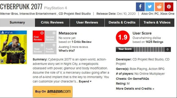 Cyberpunk 2077 dapatkan review negatif dari gamer melalui metacritic!