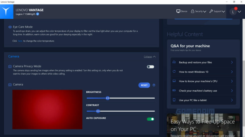 Lenovo legion 7i webcam in software gamedaim review