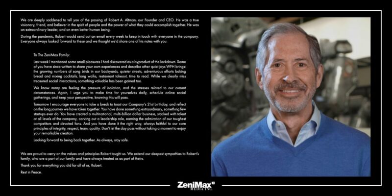 Pendiri dan ceo zenimax media robert a altman telah meninggal dunia