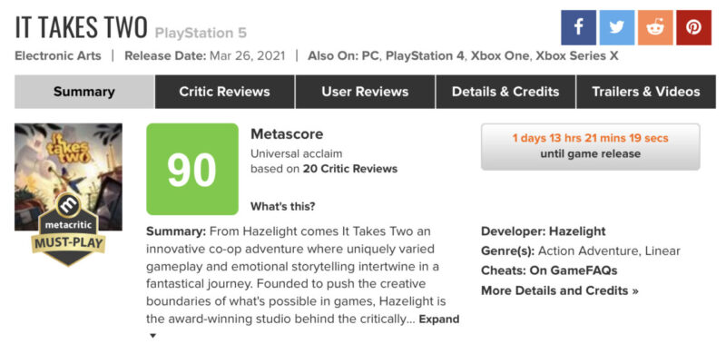 It Takes Two Gets Highest Rating During 2021 |  MetaCritic