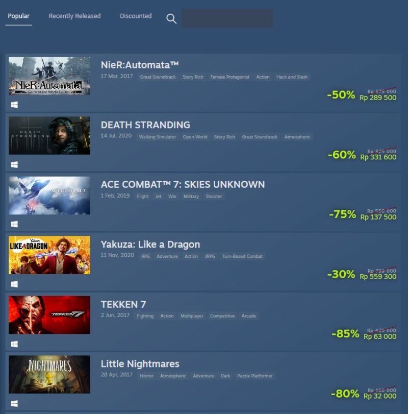 Semua game keluaran jepang diskon besar lewat platform steam store | steam