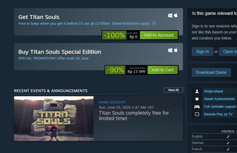 Titan souls kini gratis lewat steam store | devolver