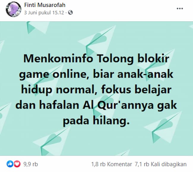 Ibu meminta menkominfo memblokir game online