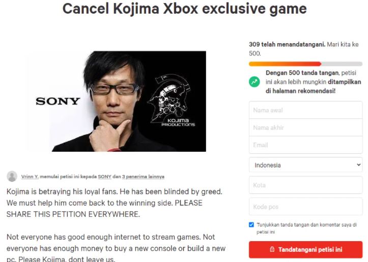 Petisi game exclusive xbox milik hideo kojima sudah tembus 500 tandatangan | change. Org