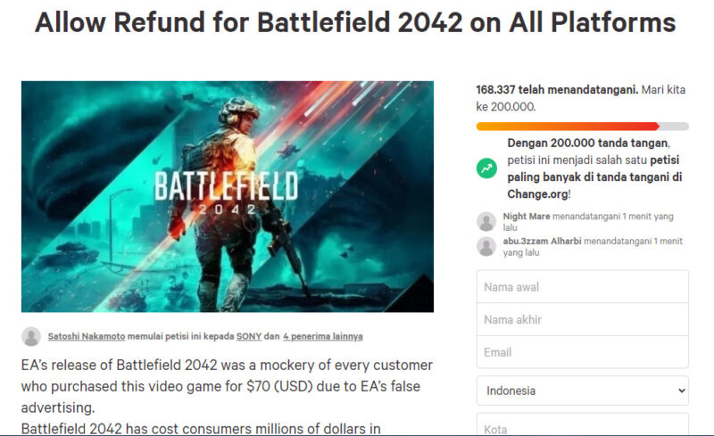 Fans Buat Petisi Refund Battlefield 2042 | Change.org