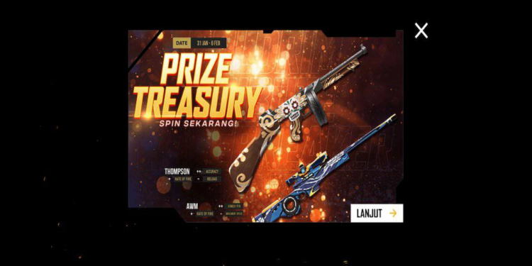 Dapatkan skin thompson goldrim tribute ff dan awm wavebreaker kaze di event prize treasury