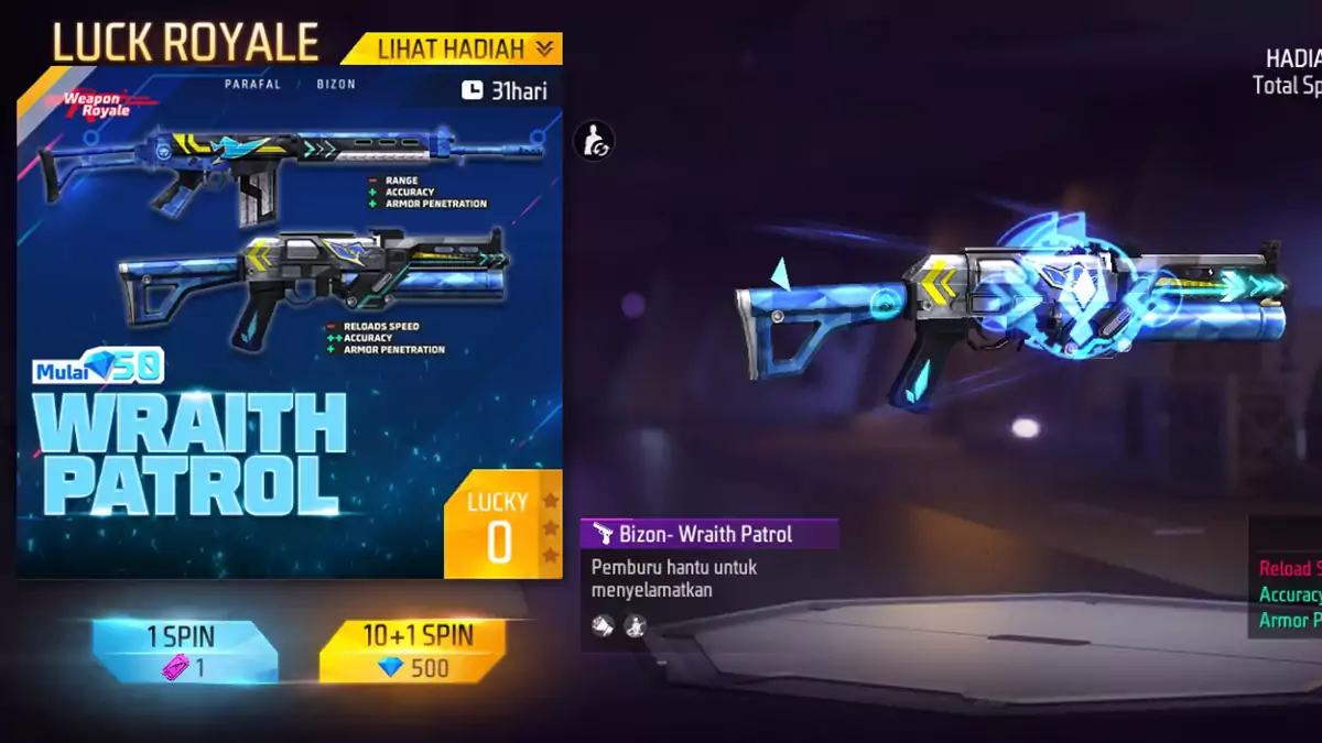 Dapatkan gun skin bizon dan parafal wraith patrol ff dalam event weapon royale