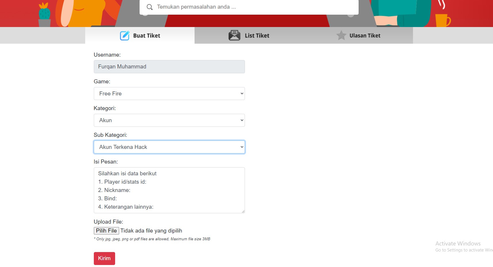 Garena Support Tiket Laporan Isi