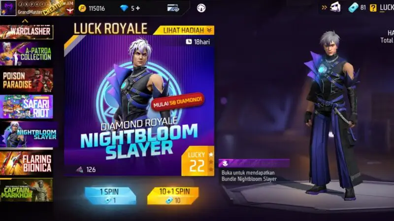 Daftar skin diamond royale free fire ff nightbloom slayer