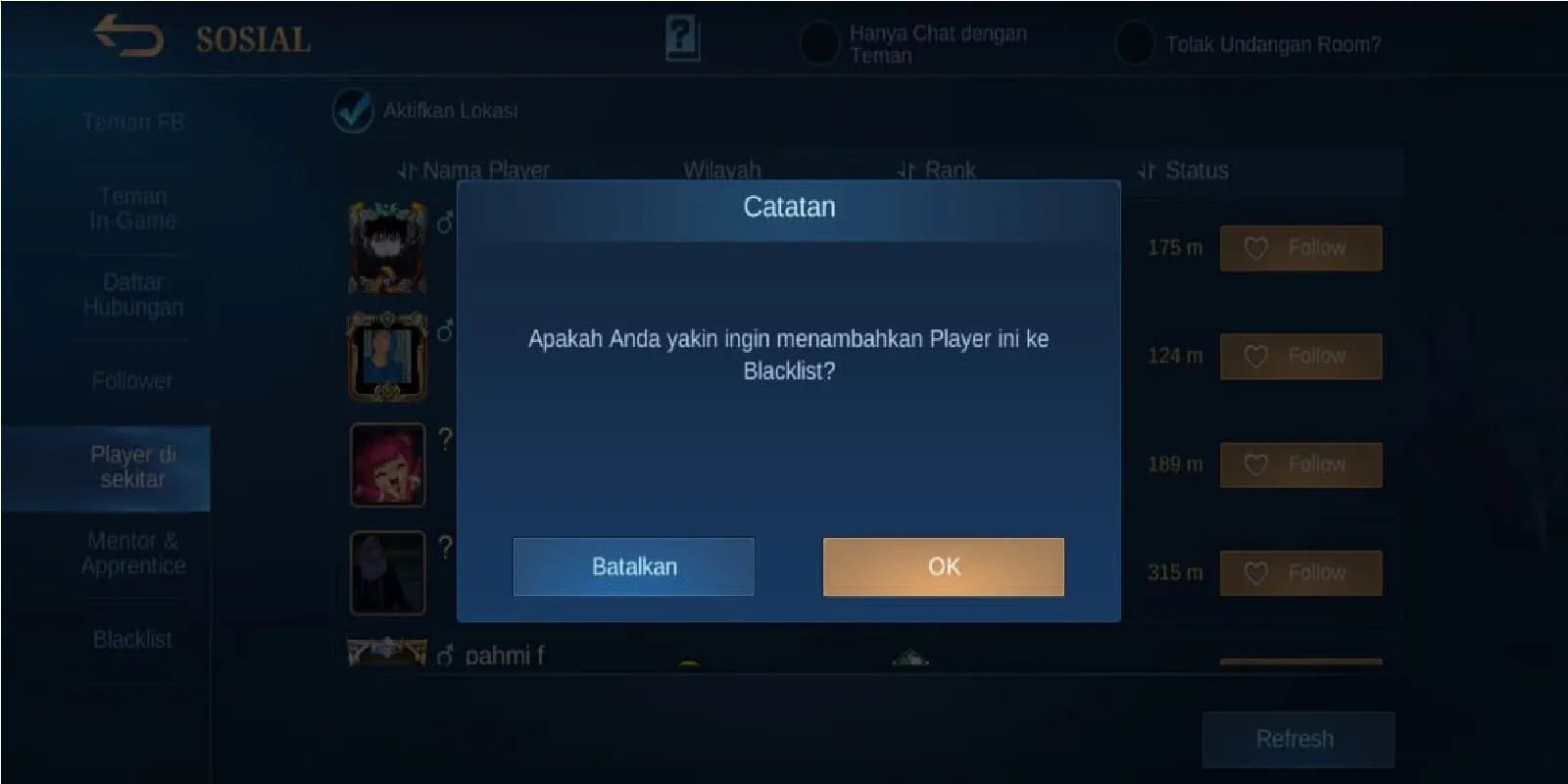 Cara blacklist akun teman atau orang lain mobile legends ml 1 2