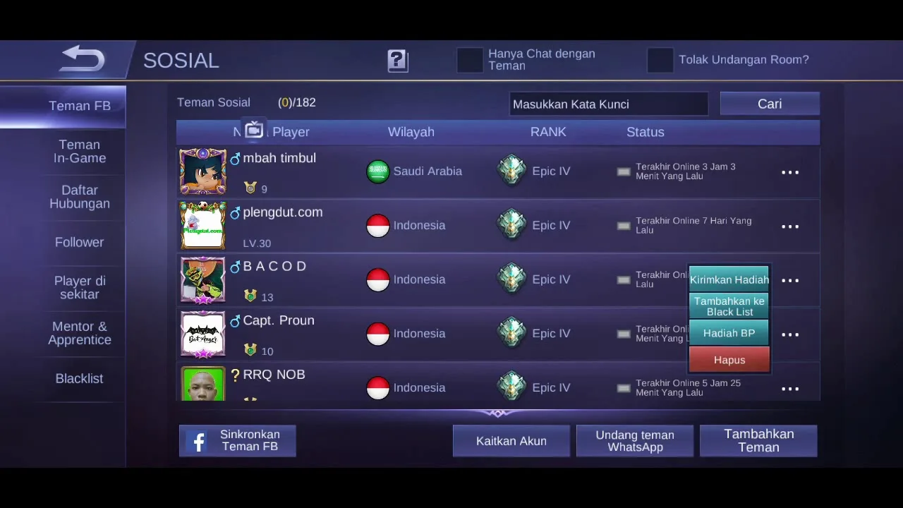 Cara blacklist akun teman atau orang lain mobile legends ml 1 3