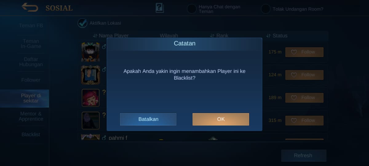 Cara blacklist akun teman atau orang lain mobile legends