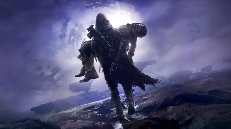Ilustrasi logo Bungie dengan latar belakang yang menunjukkan suasana kerja