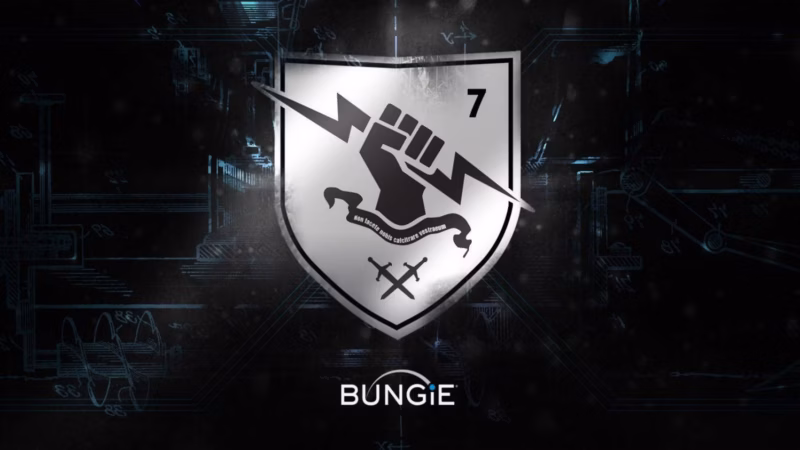 Gambar logo Bungie dan Destiny 2 dengan latar belakang kantor yang kosong