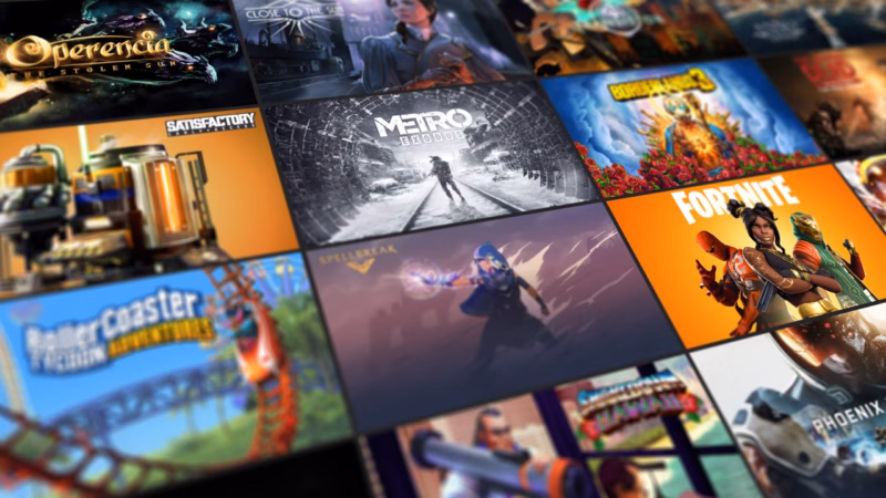 Logo Epic Games dan tampilan antarmuka store serta launcher terbaru