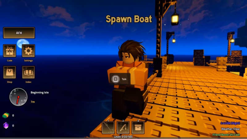 Karakter Roblox sedang memancing ikan besar di dunia game Roblox