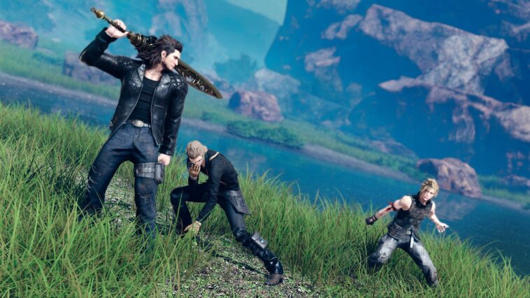 Gambar logo Final Fantasy 15 dengan latar belakang konsol Nintendo Switch 2