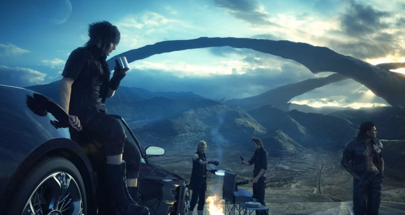 Gambar logo Final Fantasy 15 dengan latar belakang Nintendo Switch 2