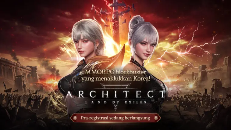 Gambar dari game ARCHITECT Land of Exile yang menunjukkan fitur utama dan logo game