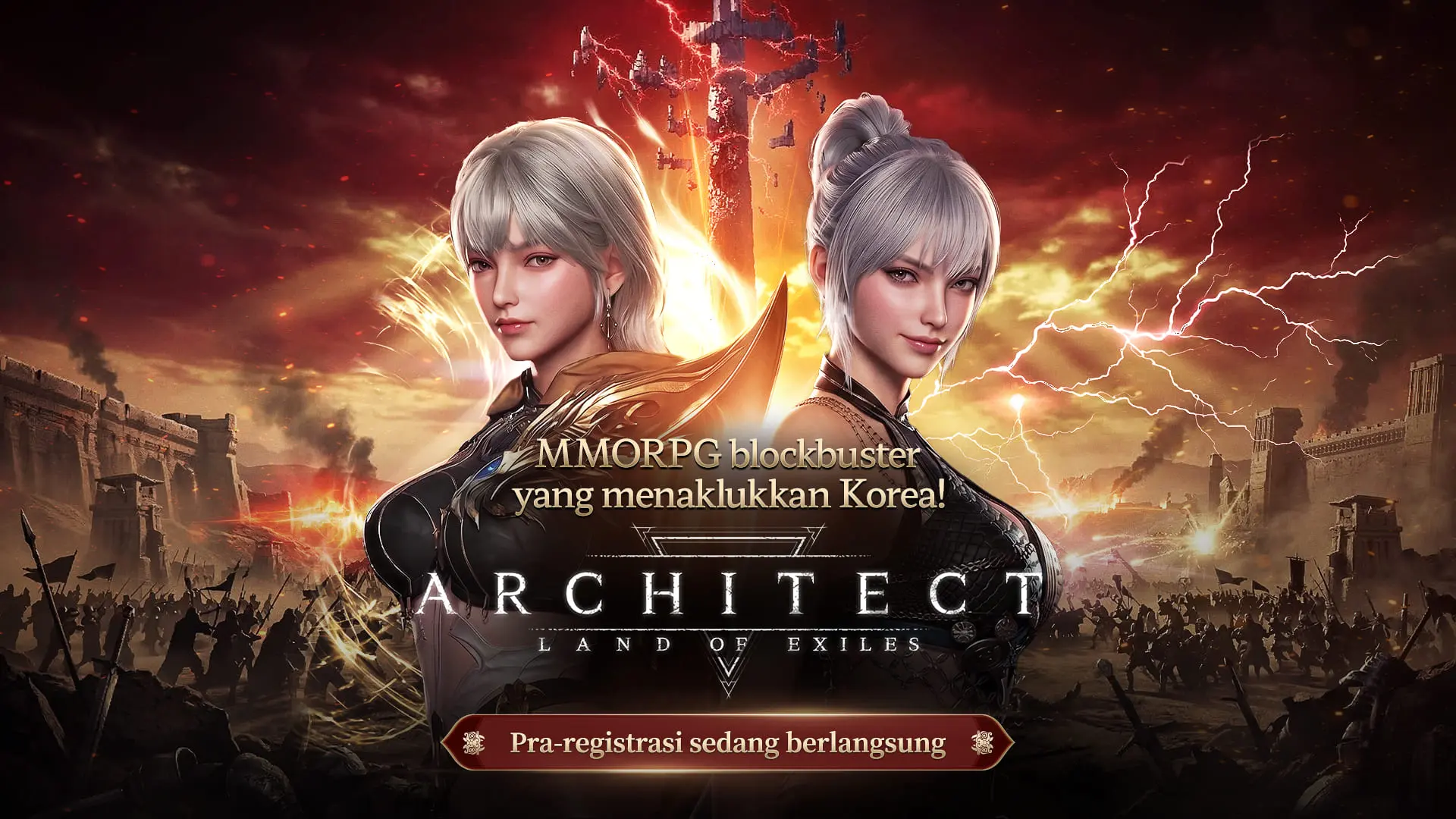 Gambar dari game ARCHITECT Land of Exile yang menunjukkan fitur utama dan logo game