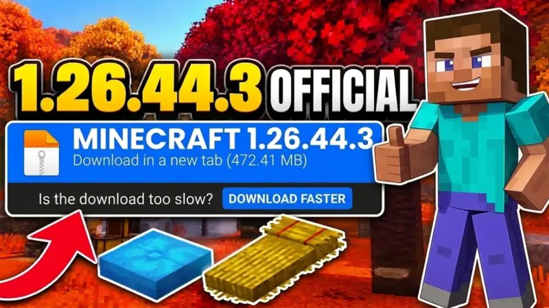 Gambar tampilan Minecraft versi 1.26.44.3 dengan dunia blok yang luas dan fitur terbaru