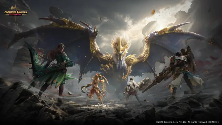 Karakter Monster Hunter Outlanders sedang berpetualang di dunia fantasi yang luas