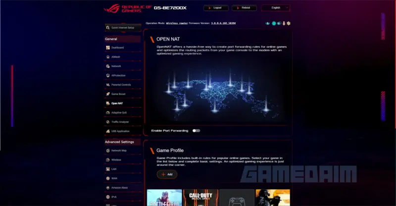 Review ROG Strix GS-BE7200X: Puncak Performa Wi-Fi 7 Gaming Tanpa Kompromi 11 Gambar ASUS ROG Strix GS BE7200X dengan pengaturan Open NAT