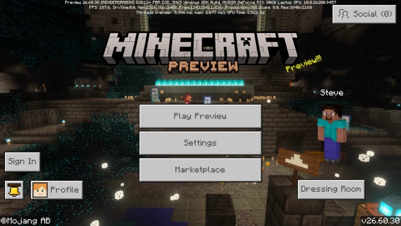 Tangkapan layar dari halaman unduhan Minecraft versi 26.60.30
