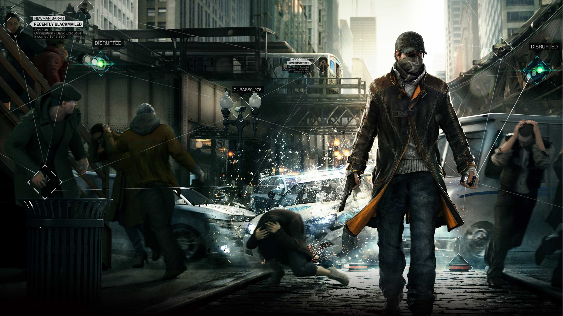 Ubisoft Pastikan Watch Dogs Masih Penting, Tapi Game Baru Masih Lama 1 Logo Watch Dogs dan judul Ubisoft dengan latar belakang teknologi futuristik